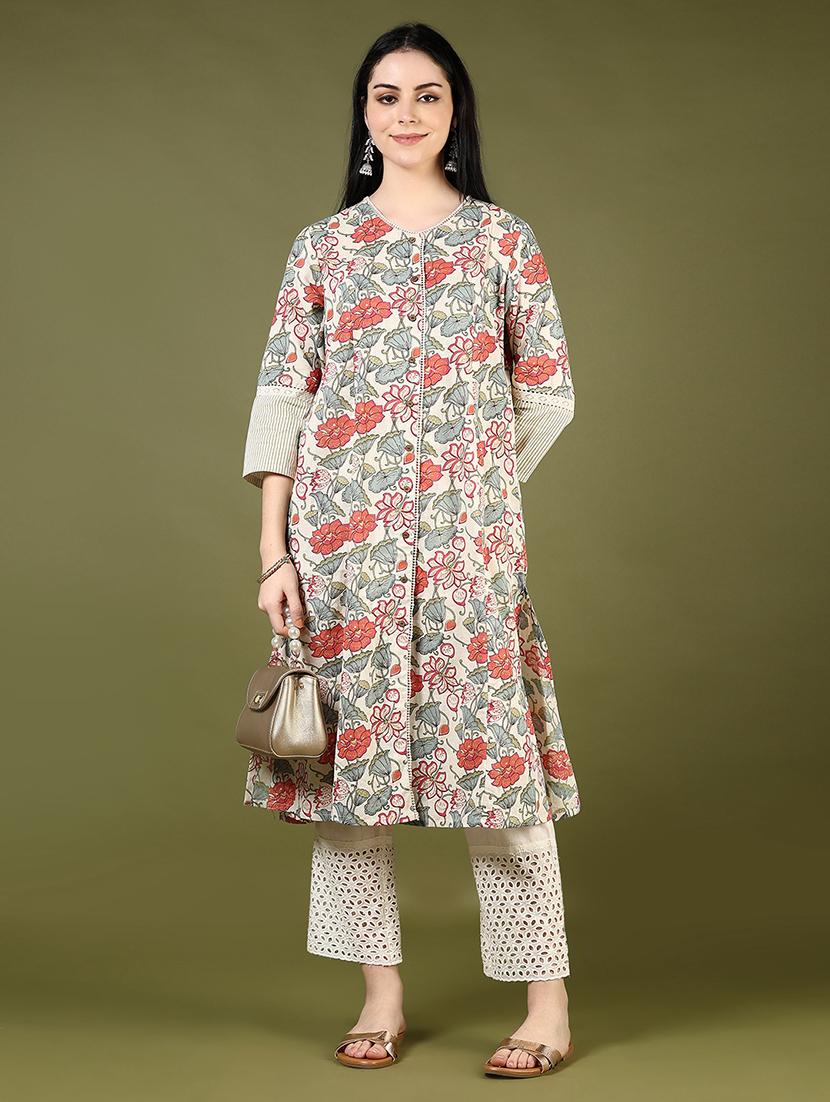 women floral printed three quarter sleeve a-line kurta