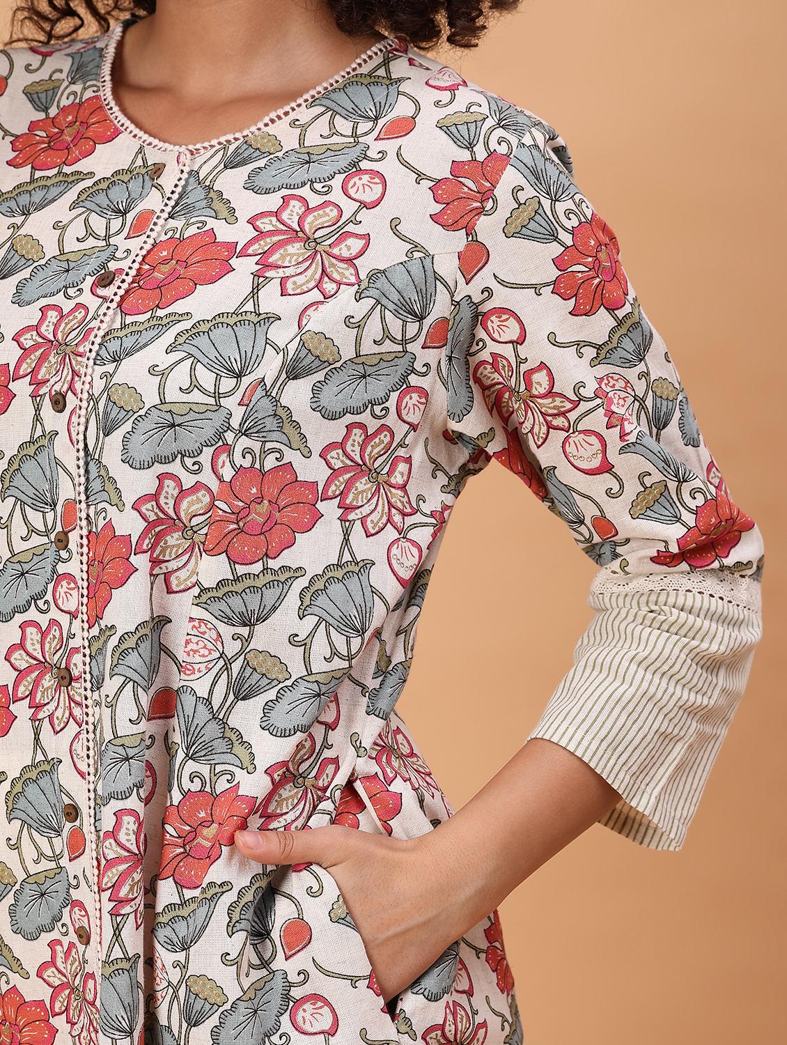 women floral printed three quarter sleeve a-line kurta - 21748186 - Standard Image - 2