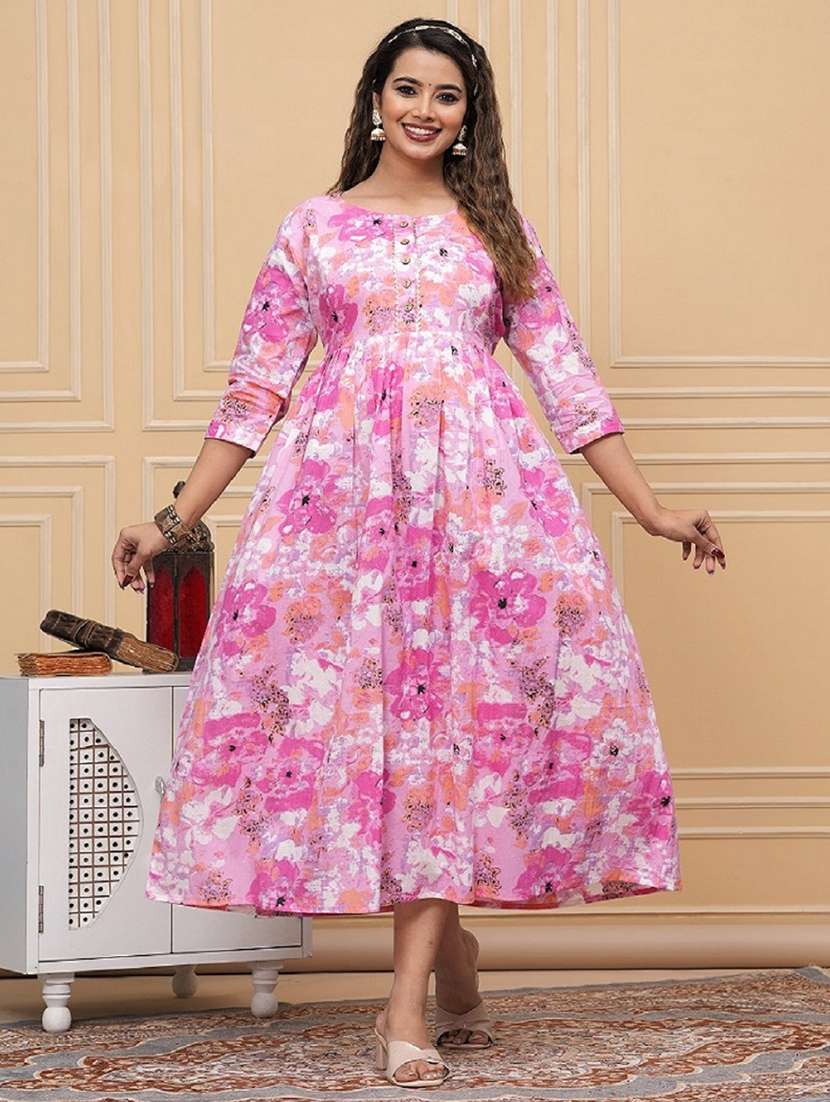 women printed three quarter sleeves flared dress
