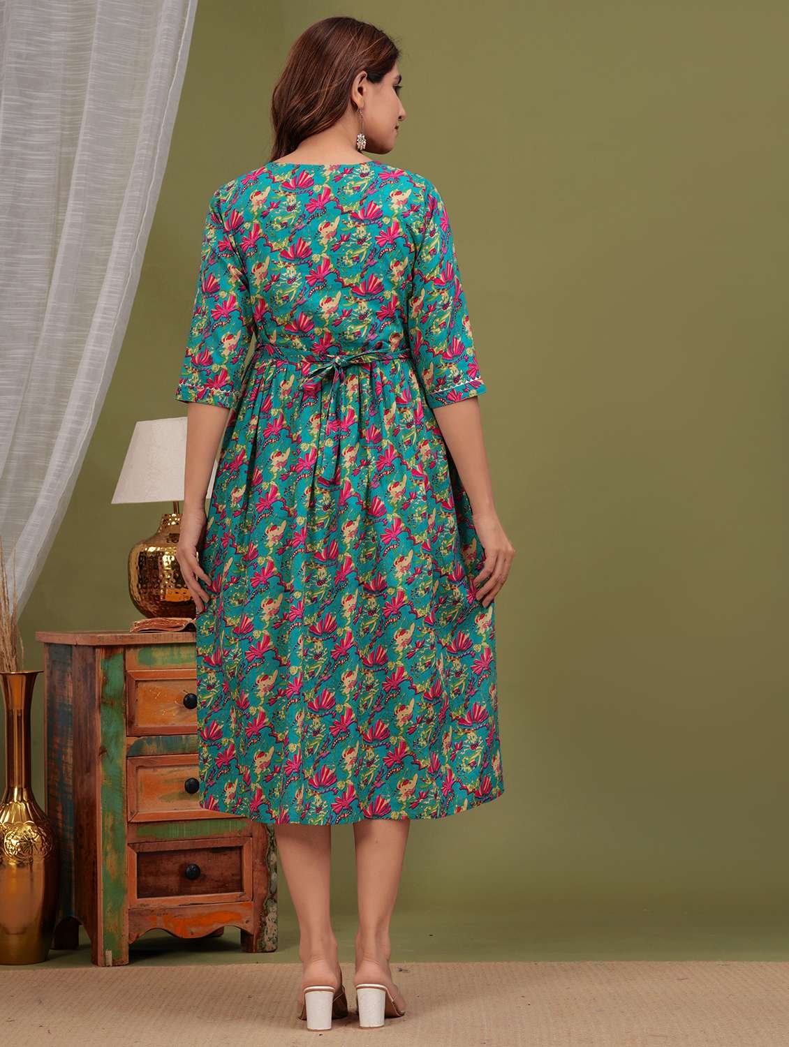 women printed flared three quarter sleeves dress - 21748300 -  Standard Image - 2