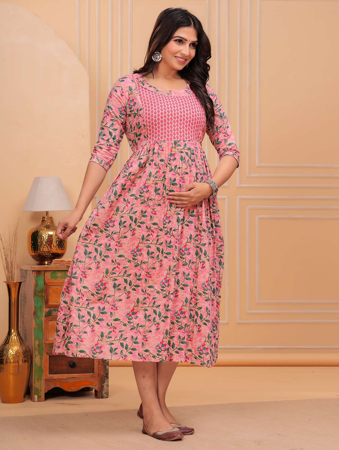 women printed three quarter sleeves flared dress - 21748305 -  Standard Image - 2