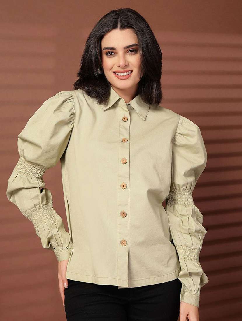 women solid puff sleeves collared regular shirt