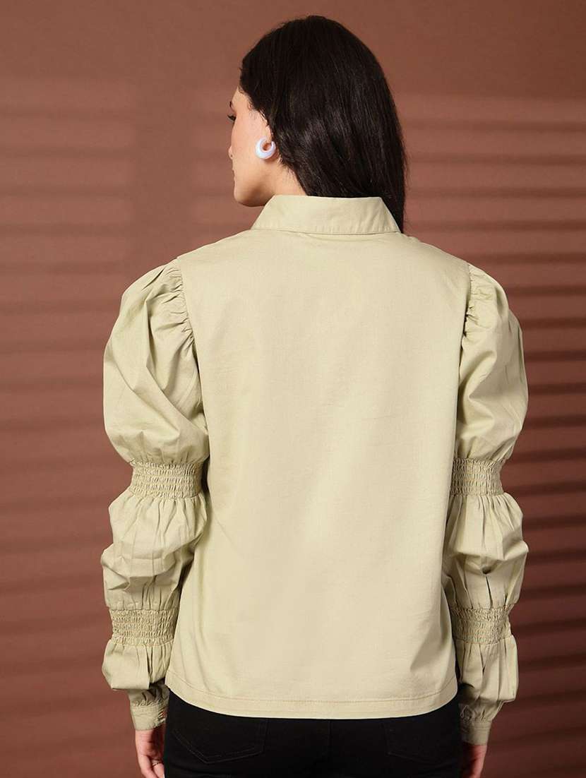 women solid puff sleeves collared regular shirt - 21748327 -  Standard Image - 2