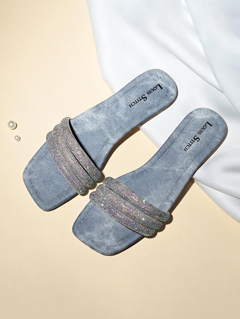 women blue slip on sandal