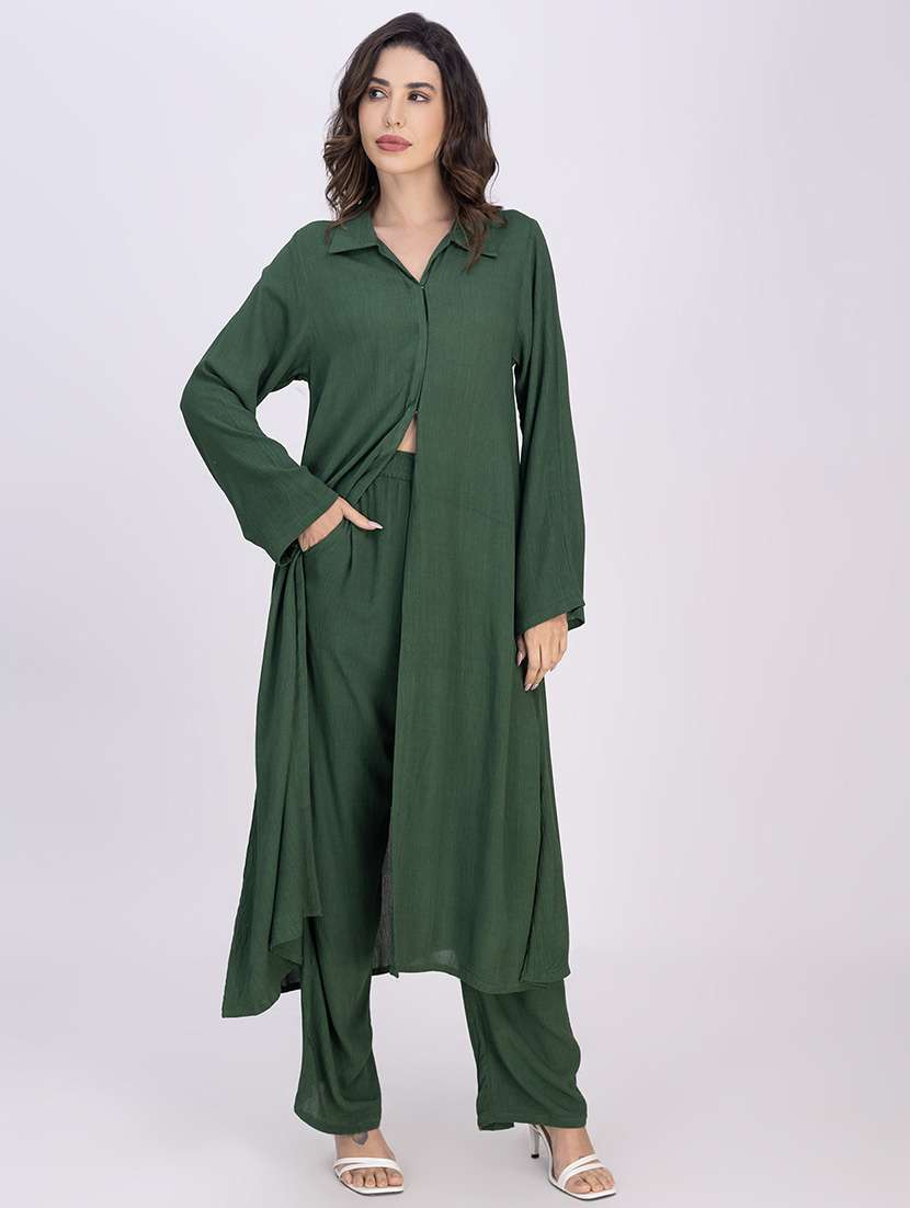 women green solid long sleeve kurta pant set