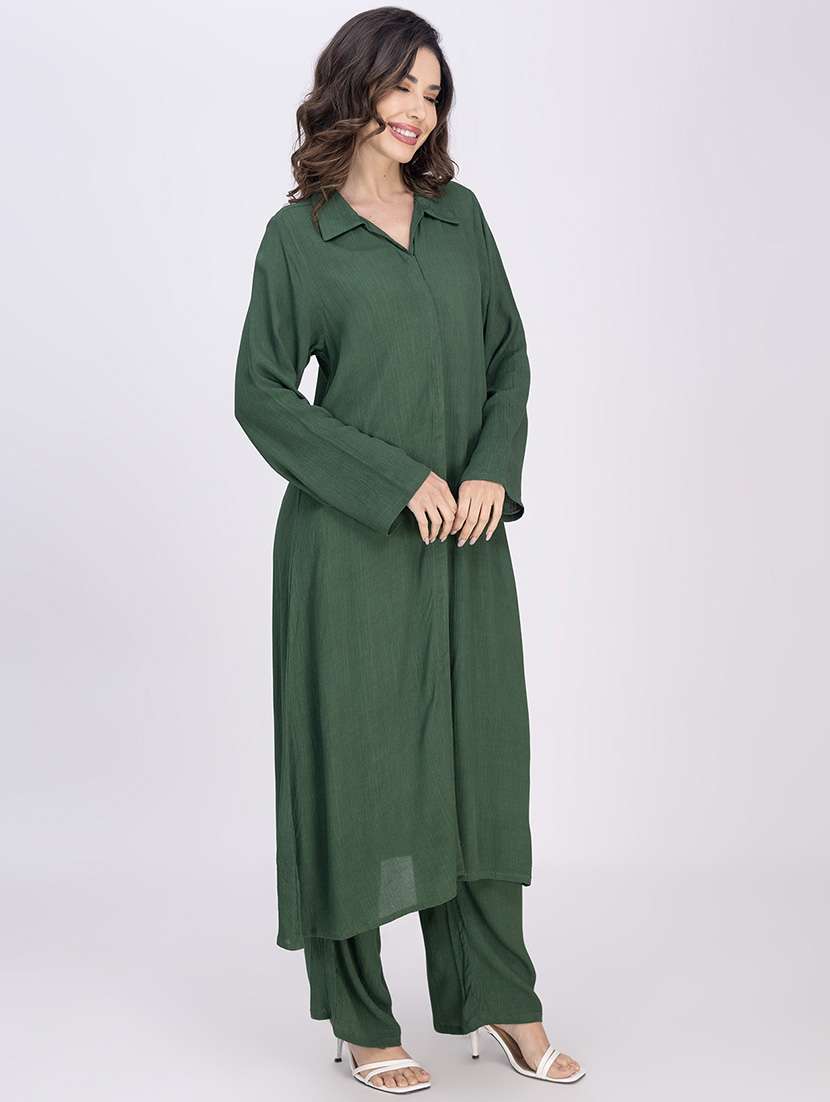 women green solid long sleeve kurta pant set - 21748653 -  Standard Image - 2
