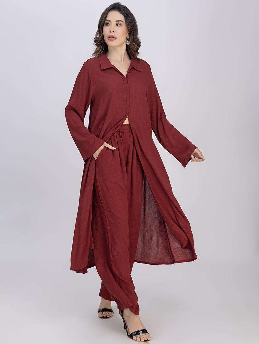 women maroon solid long sleeve kurta pant set - 21748655 -  Standard Image - 2