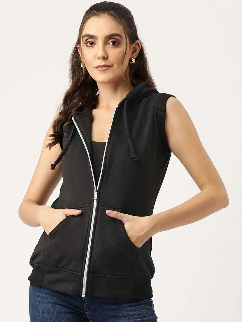 women solid sleeveless hooded regular jacket