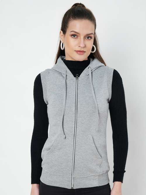 women solid sleeveless hooded regular jacket - 21748691 -  Standard Image - 0