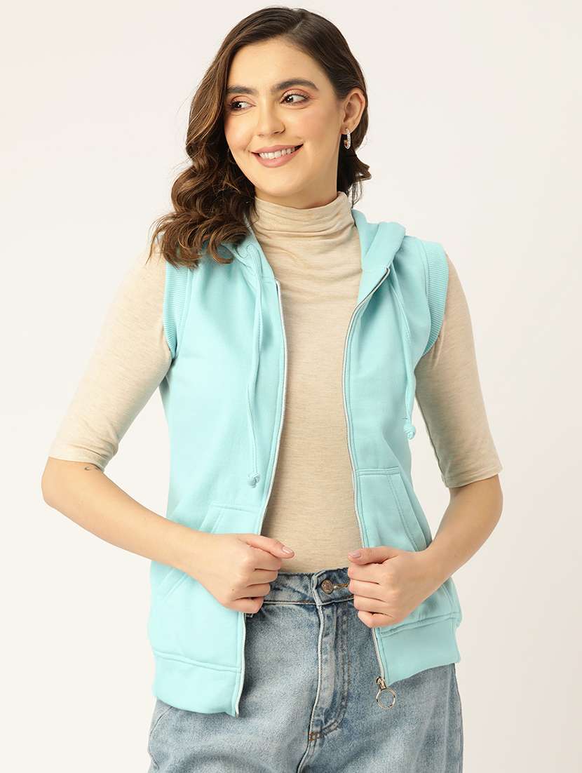 women solid sleeveless hooded regular jacket