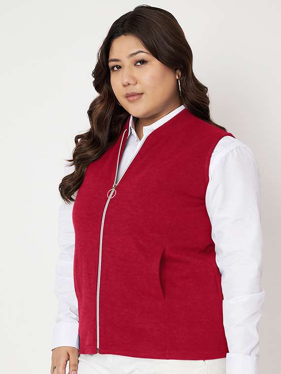 women solid stand collar sleeveless jacket - 21748704 -  Standard Image - 2