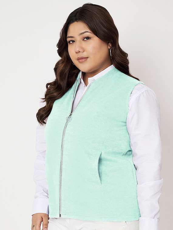 women solid stand collar sleeveless jacket - 21748705 -  Standard Image - 2