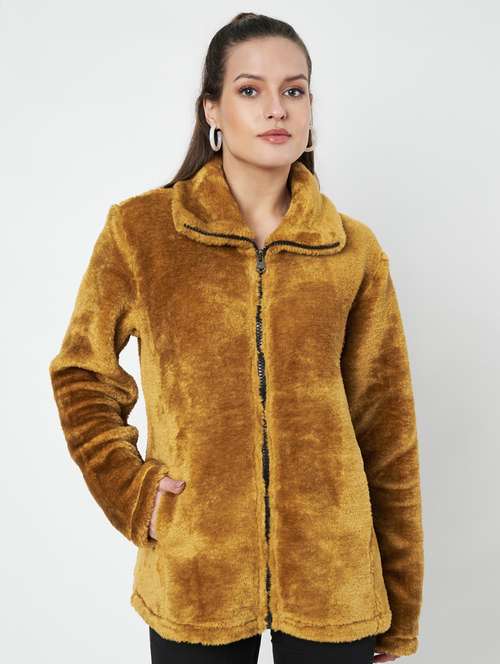 women solid long sleevees fur jacket - 21748741 -  Standard Image - 0