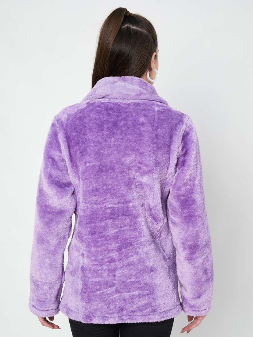 women solid long sleeves fur jacket - 21748742 -  Standard Image - 2