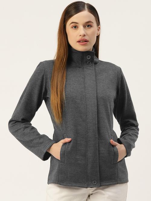 women solid long sleeves stand collar jacket - 21748793 - Standard Image - 0