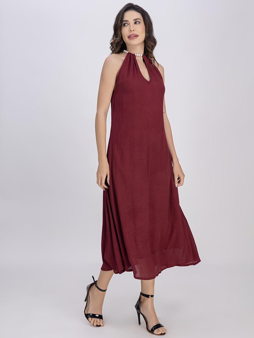 women solid halter neck sleeveless a-line dress - 21748923 - Standard Image - 2