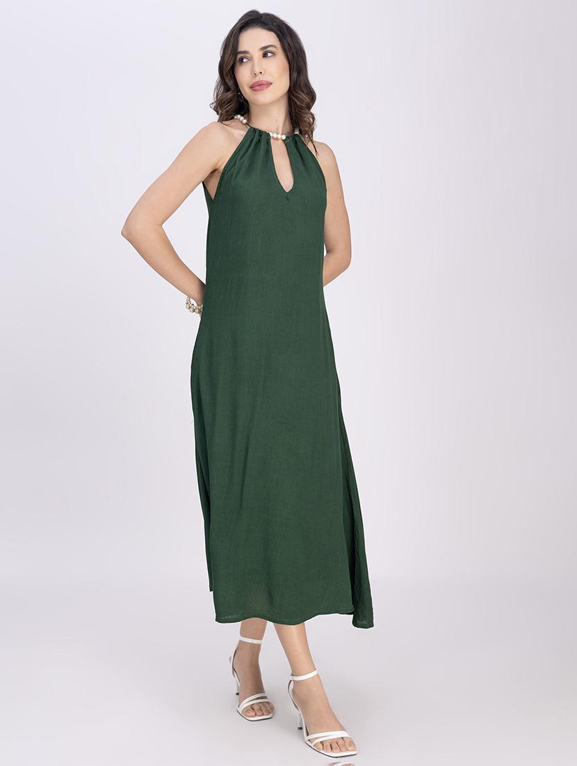 women solid halter neck sleeveless a-line dress - 21748924 - Standard Image - 2