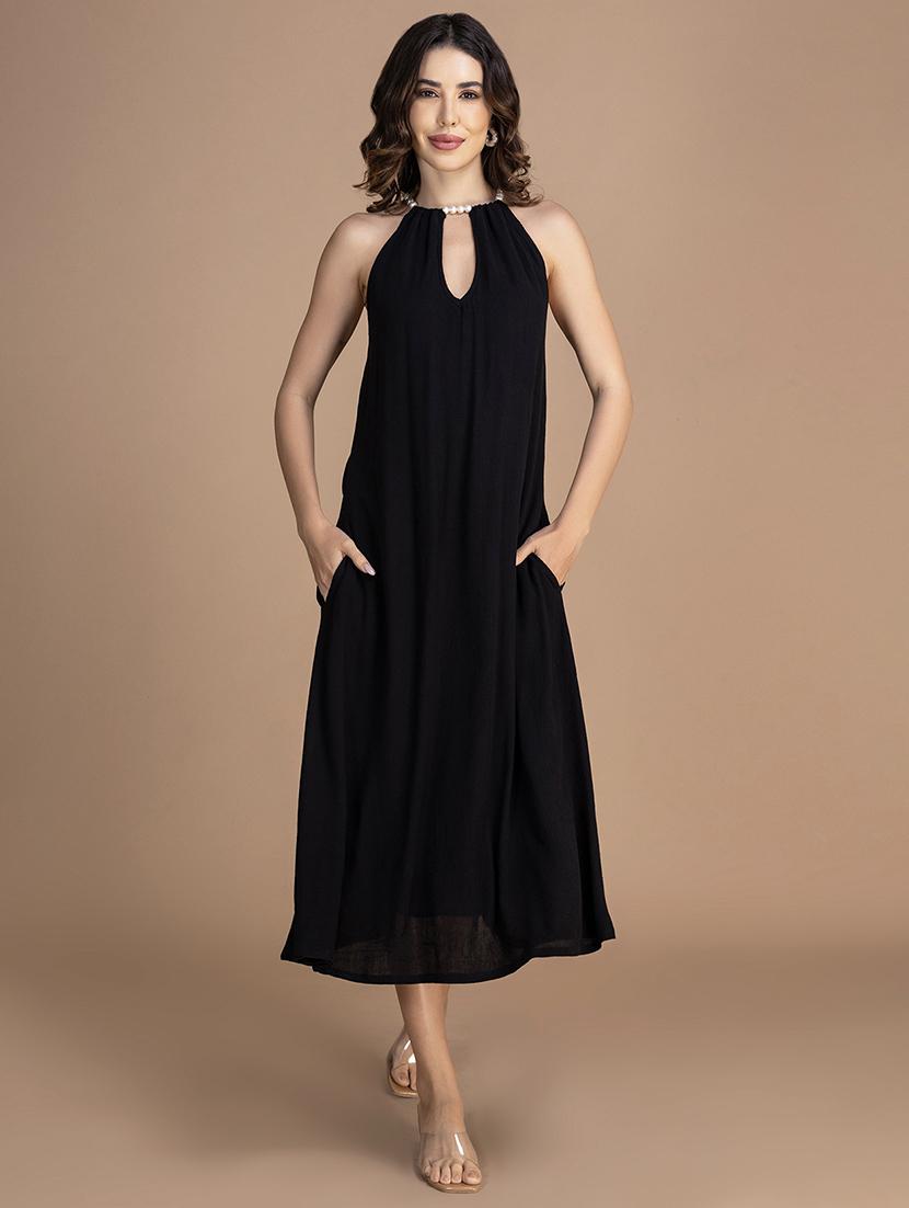 women solid halter neck sleeveless a-line dress - 21748925 -  Zoom Image - 0