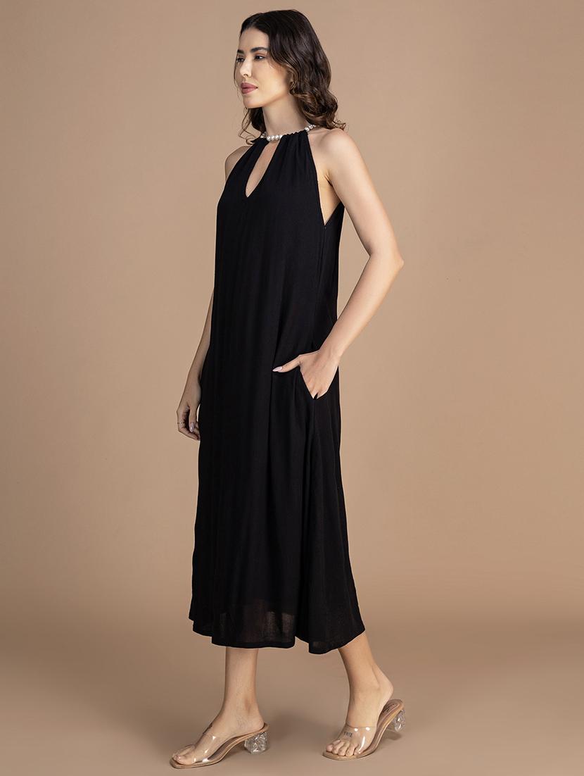 women solid halter neck sleeveless a-line dress - 21748925 - Standard Image - 2