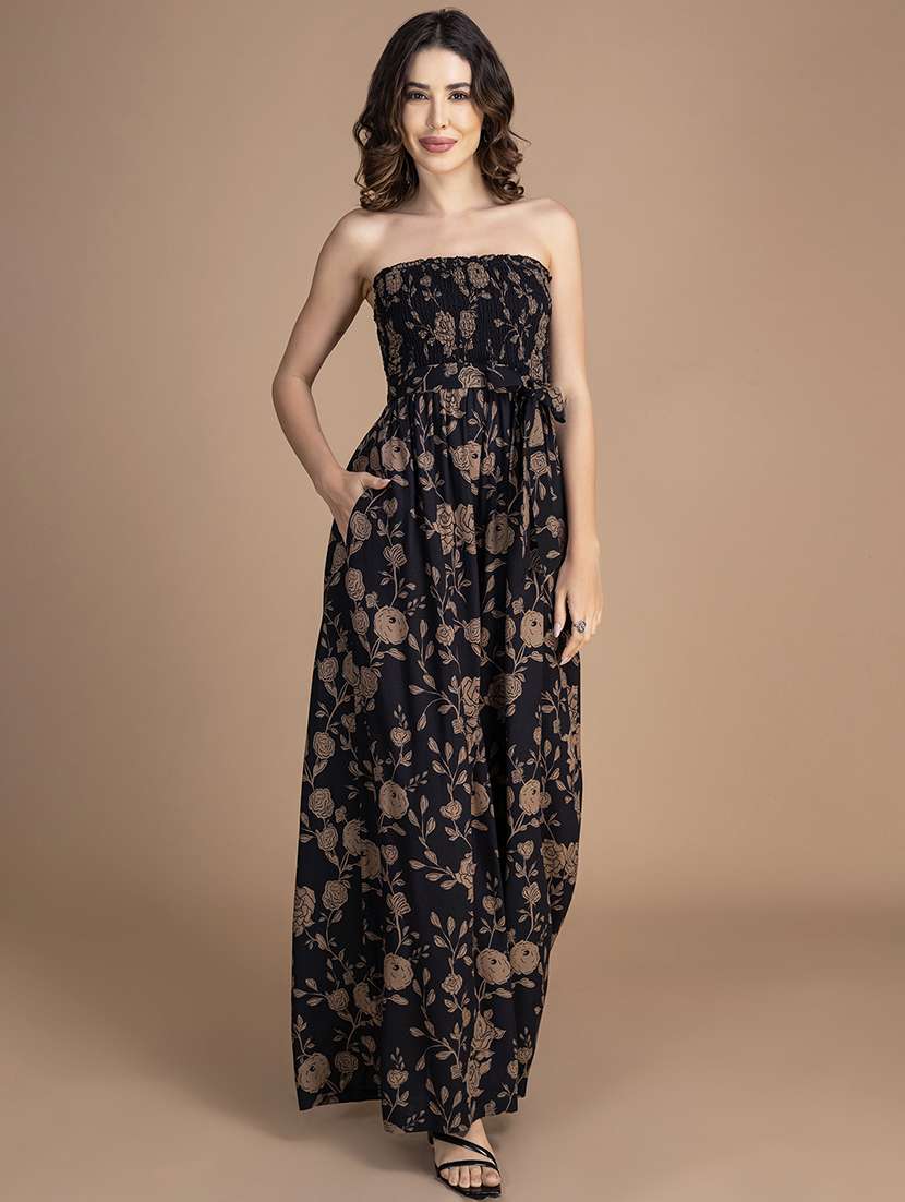 women printed smocked detailed full length jumpsuit