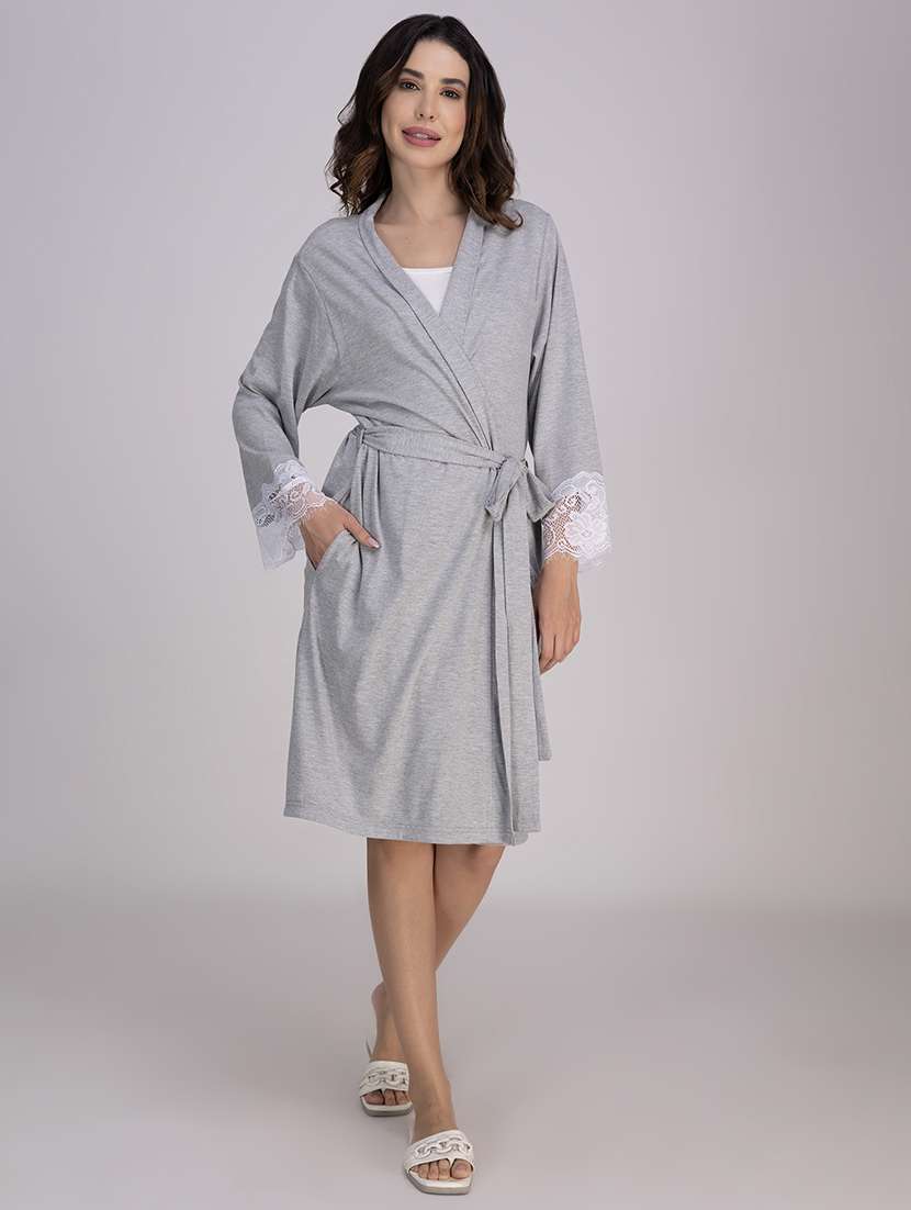 women solid lace detailed sleepwear robe