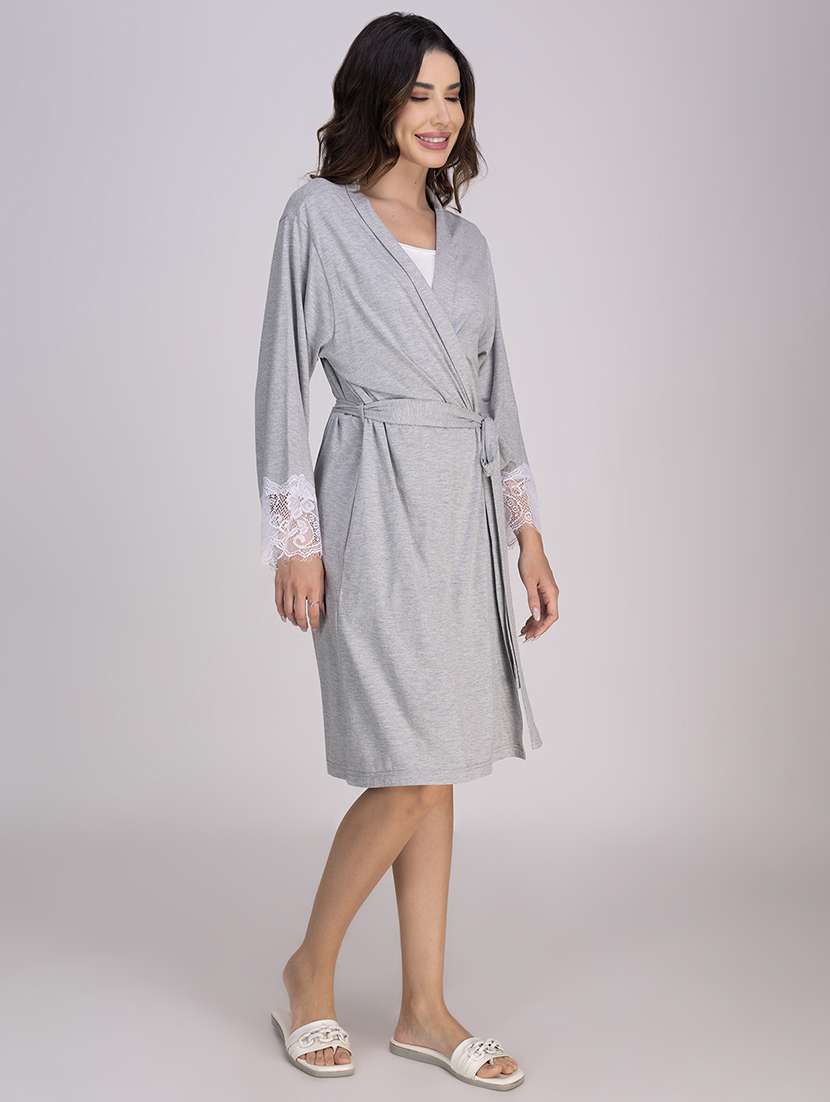 women solid lace detailed sleepwear robe - 21749545 -  Standard Image - 2