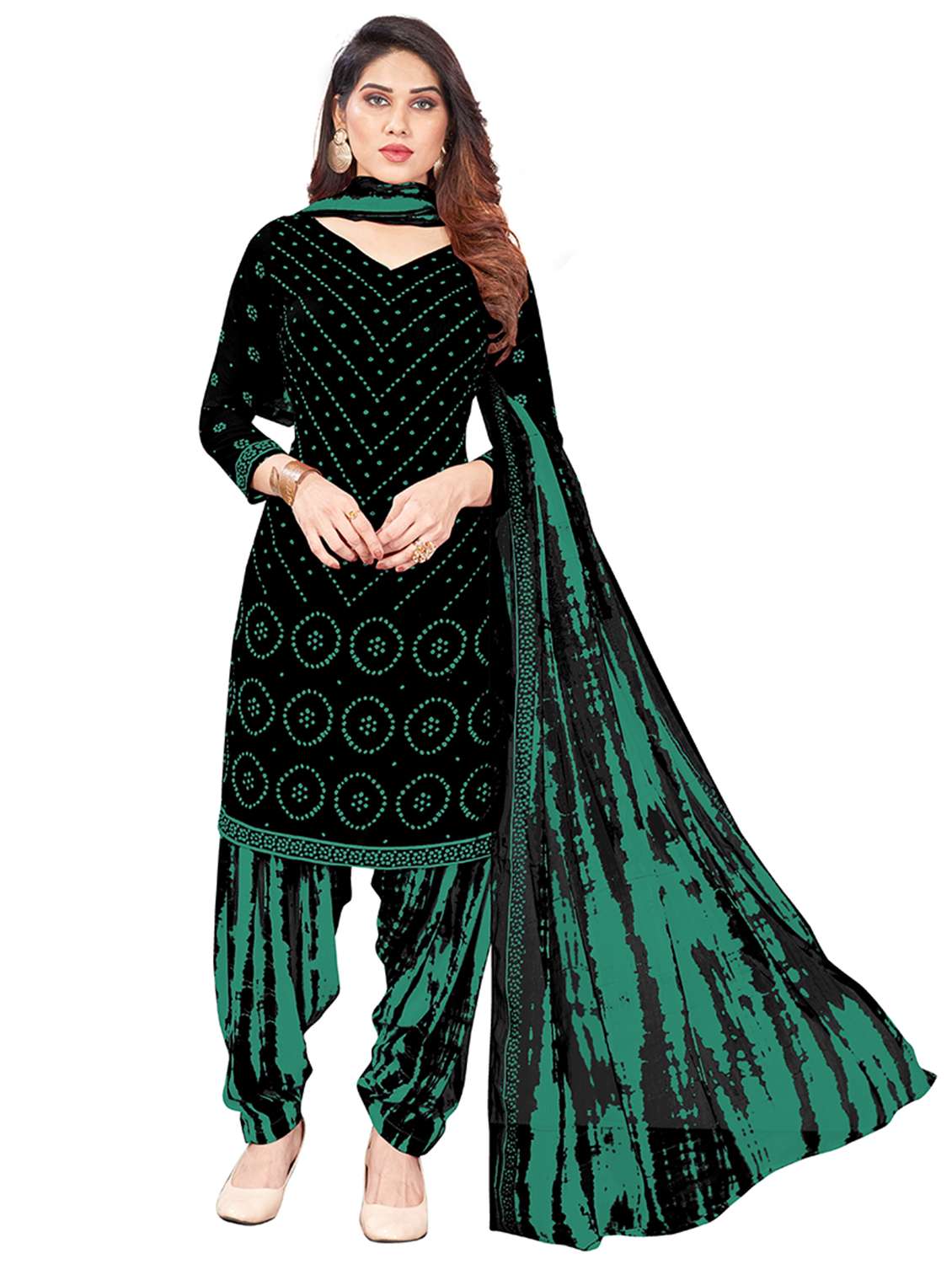 women bandhani printed unstitched suit set