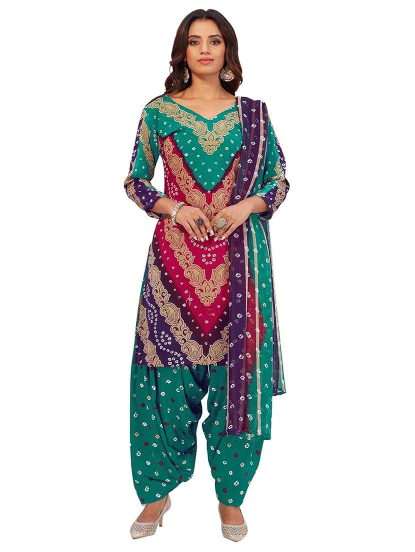 women bandhani printed unstitched suit set