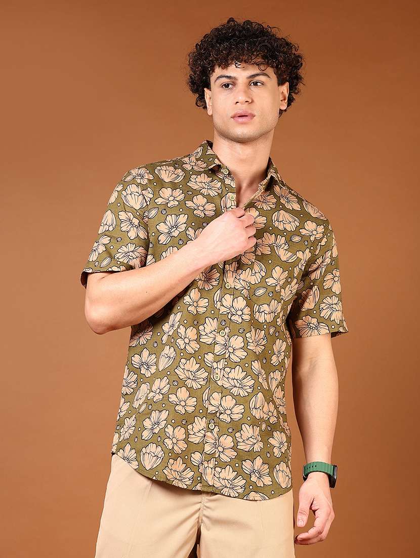 men floral printed short sleeve loose fit casual shirt