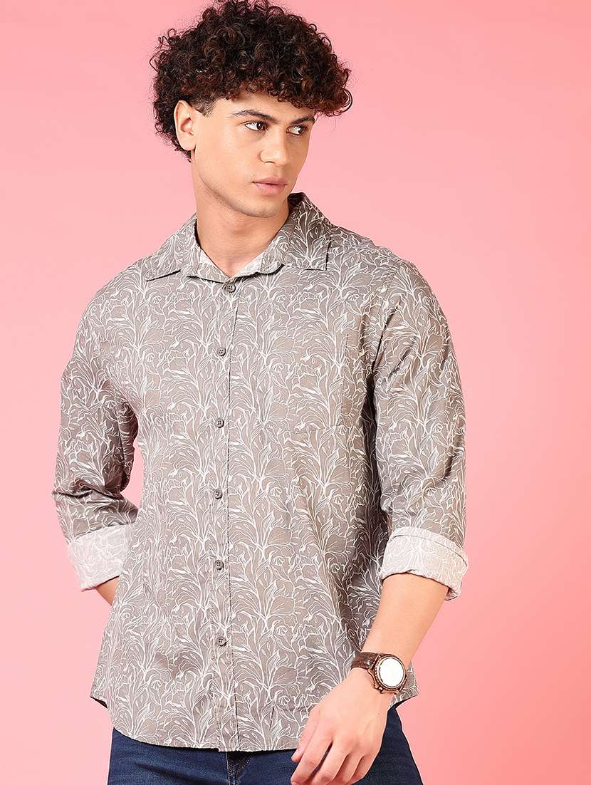 men printed collared long sleeves casual shirt