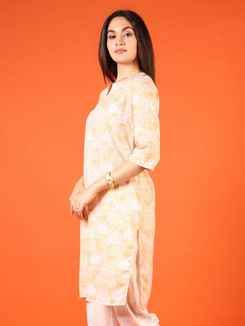 women peach three quarter sleeve straight kurta - 21749969 -  Standard Image - 2