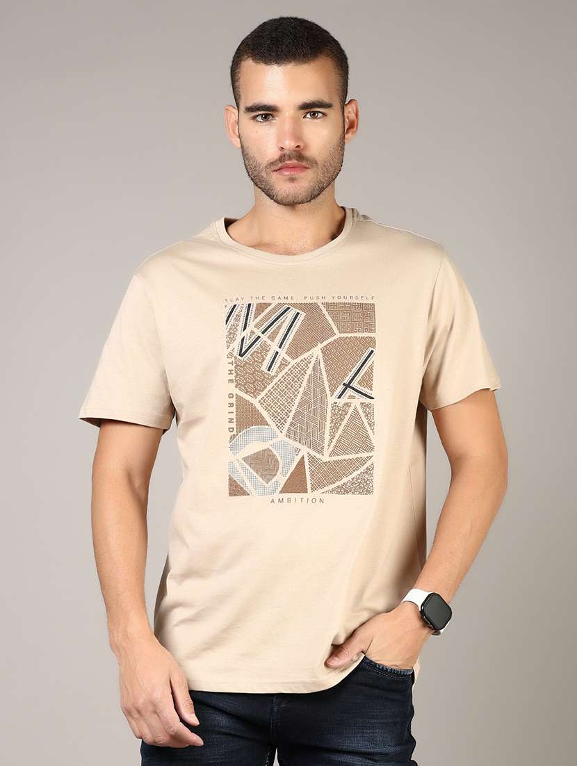 men front print round neck regular fit t-shirt