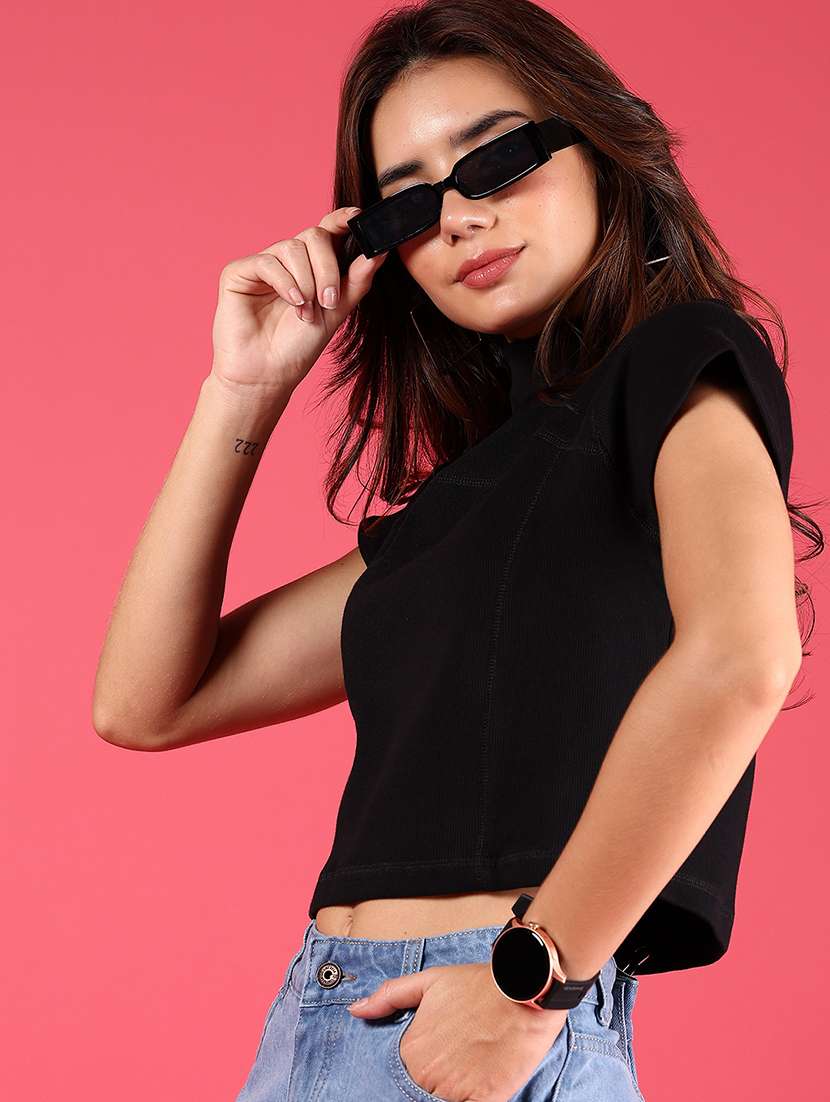 women black solid mock neck crop top - 21750048 - Zoom Image - 0