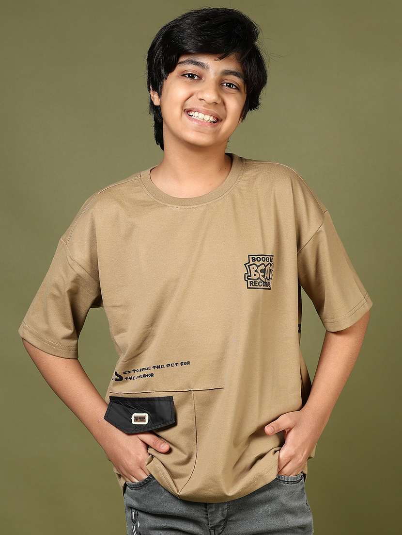 boys beige placement print round neck t-shirt