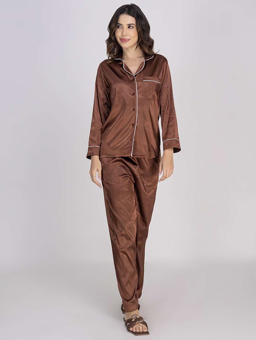 women solid nightwear pyjama set