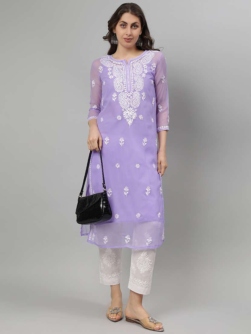 women three quarter sleeve straight chikankari kurta