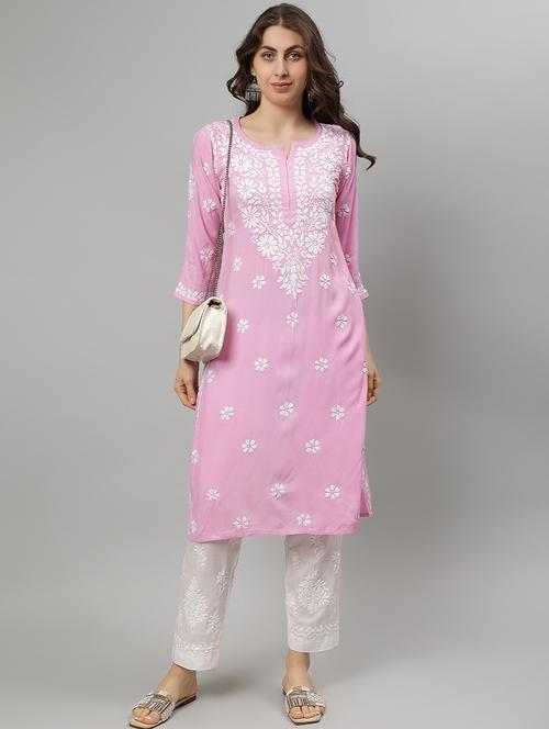 women three quarter sleeve straight chikankari kurta - 21750153 - Standard Image - 0