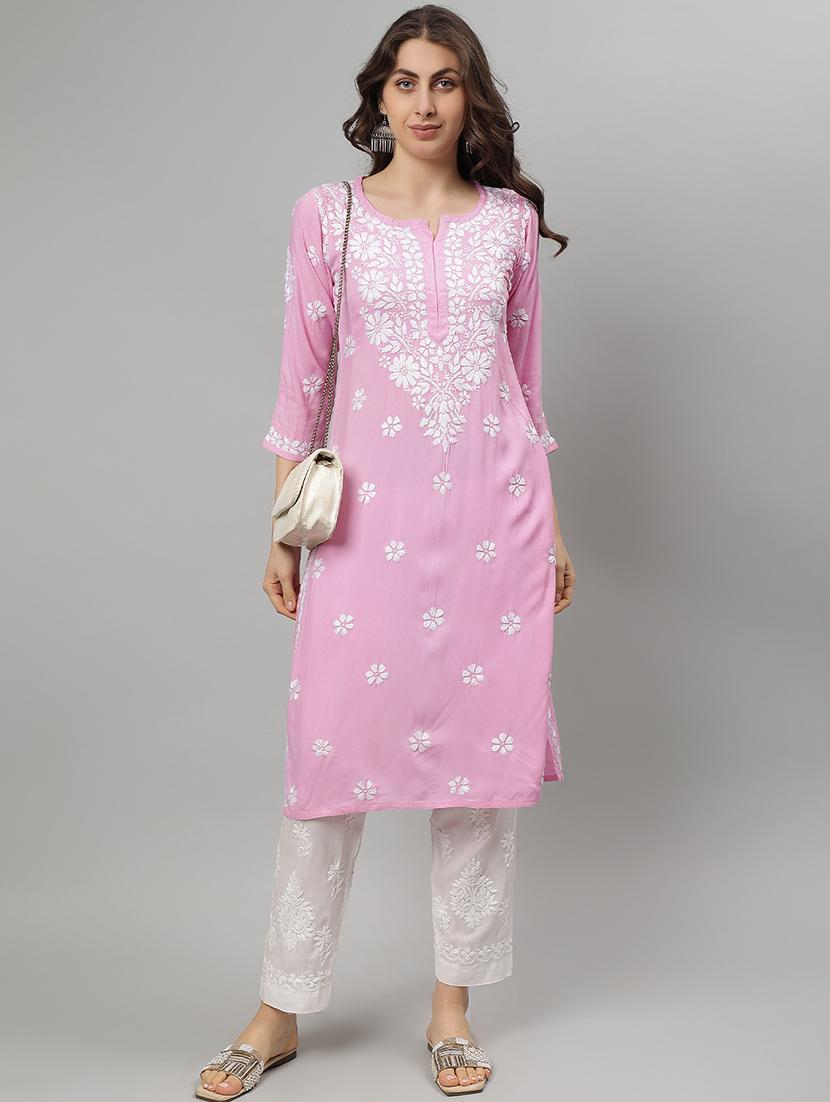women three quarter sleeve straight chikankari kurta - 21750153 - Zoom Image - 0