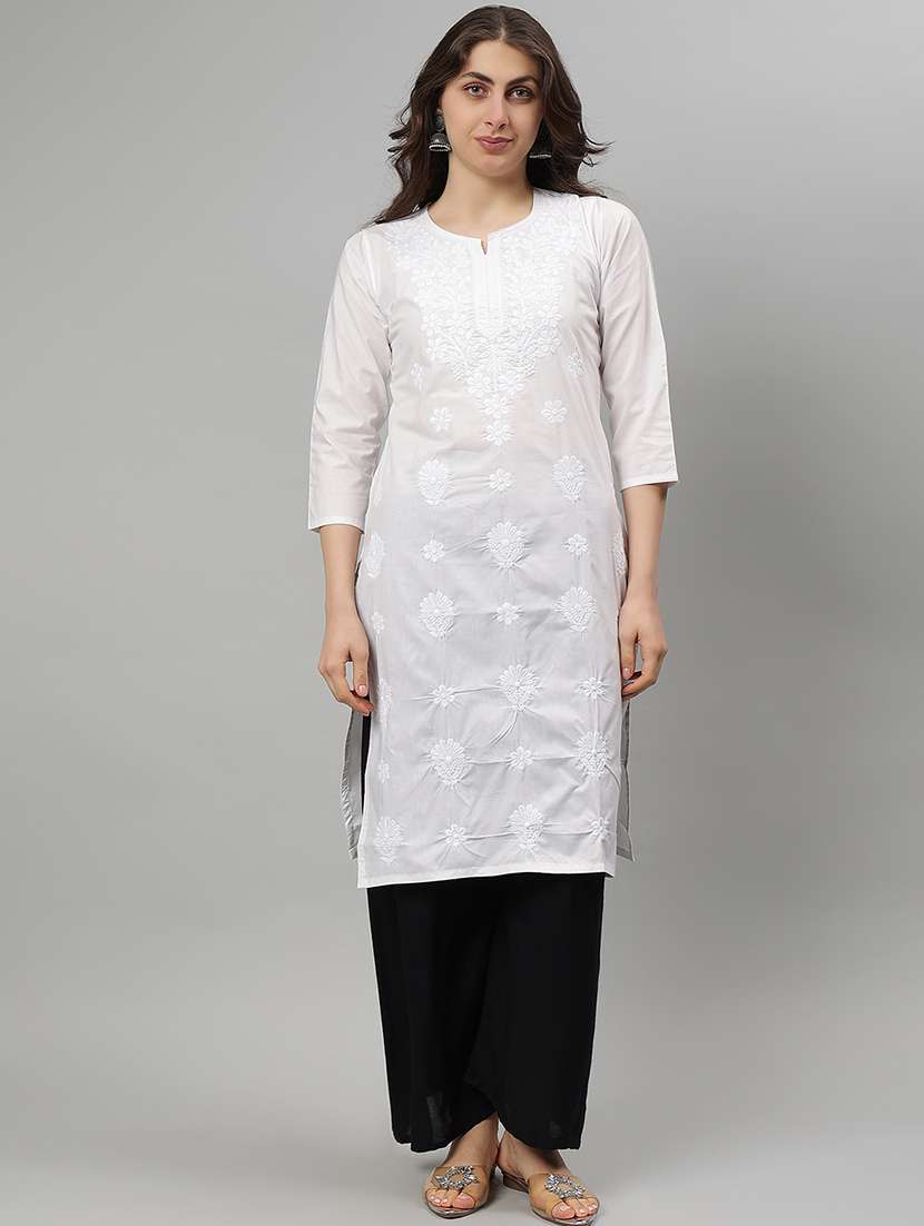 women three quarter sleeve straight chikankari kurta