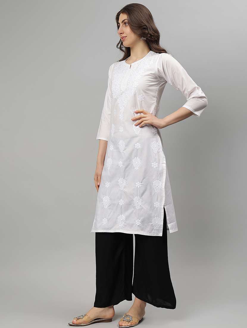 women three quarter sleeve straight chikankari kurta - 21750154 -  Standard Image - 2