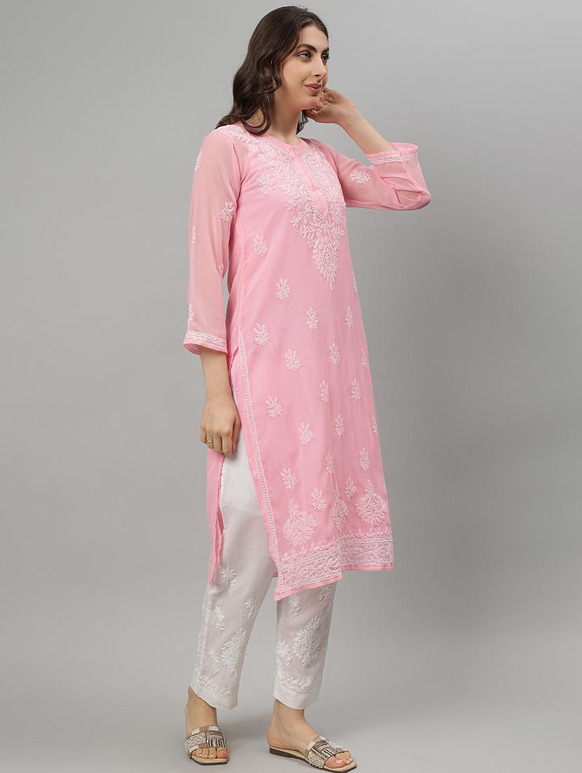 women three quarter sleeve straight chikankari kurta - 21750155 - Standard Image - 2