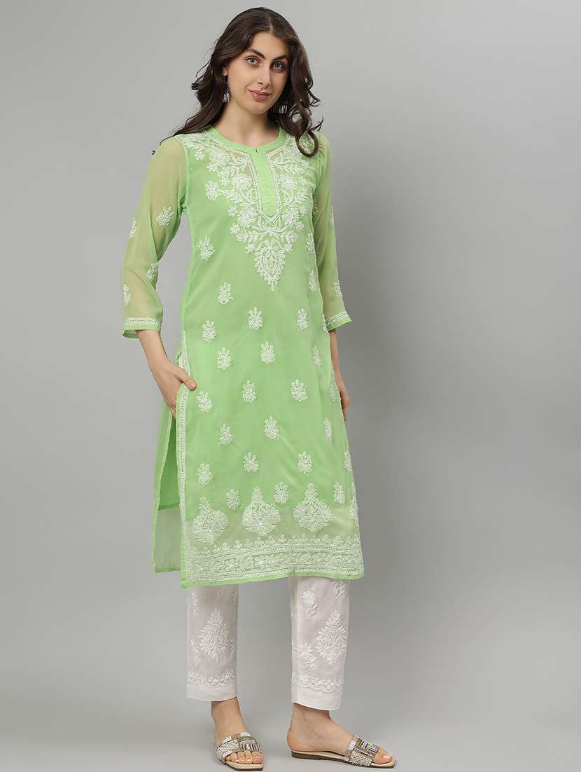 women three quarter sleeve straight chikankari kurta - 21750156 - Standard Image - 2