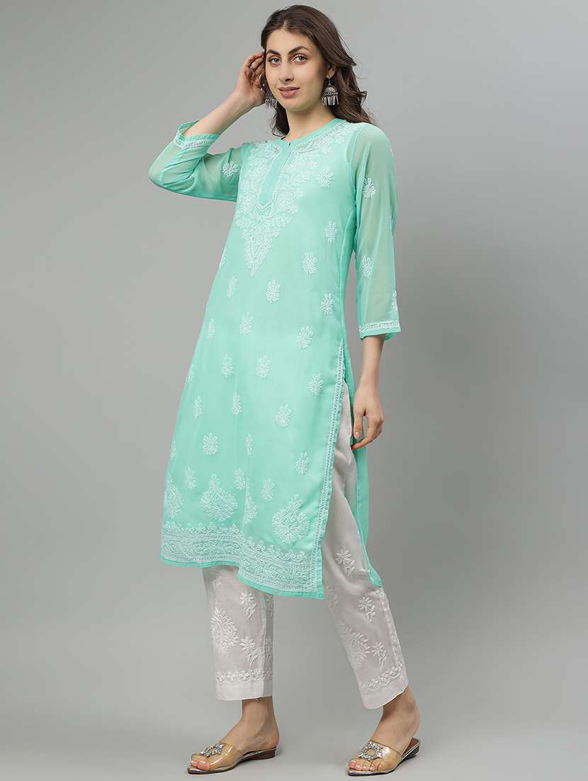 women three quarter sleeve straight chikankari kurta - 21750157 - Standard Image - 2