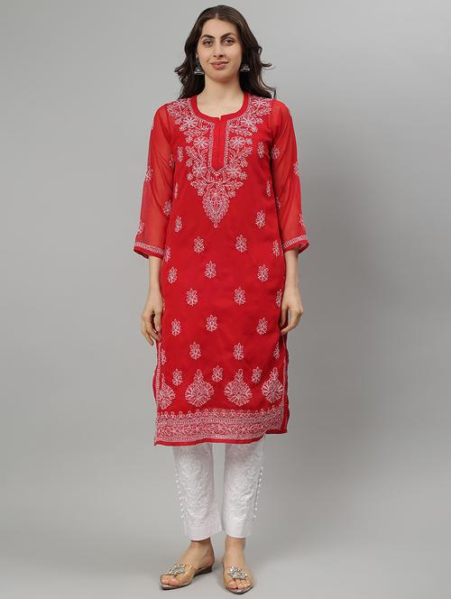 women three quarter sleeve straight chikankari kurta - 21750159 -  Standard Image - 0