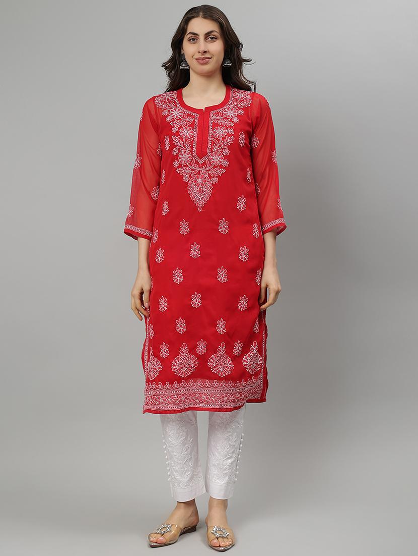 women three quarter sleeve straight chikankari kurta - 21750159 -  Zoom Image - 0