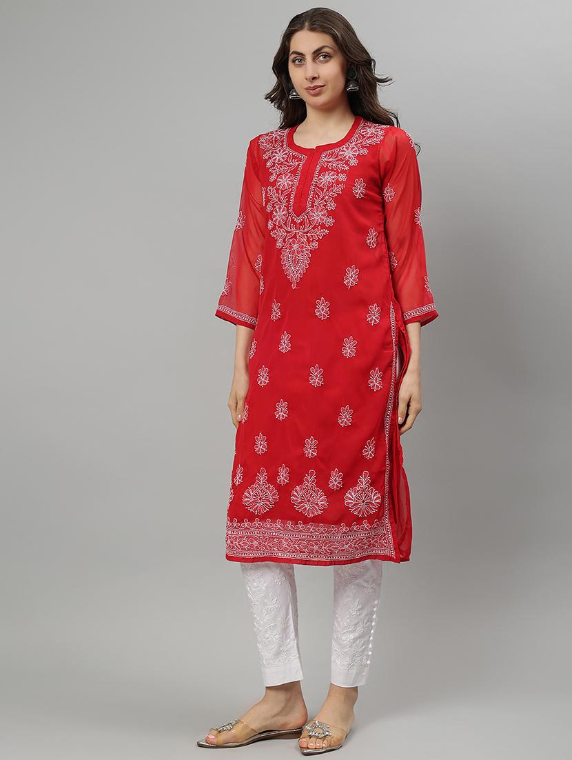 women three quarter sleeve straight chikankari kurta - 21750159 - Standard Image - 2