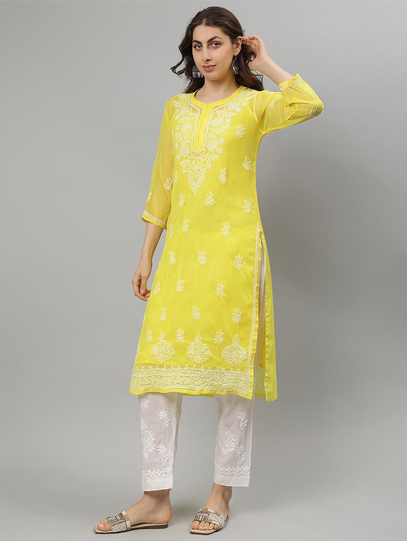 women three quarter sleeve straight chikankari kurta - 21750160 - Standard Image - 2