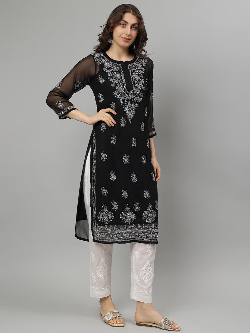 women three quarter sleeve straight chikankari kurta - 21750161 - Standard Image - 2