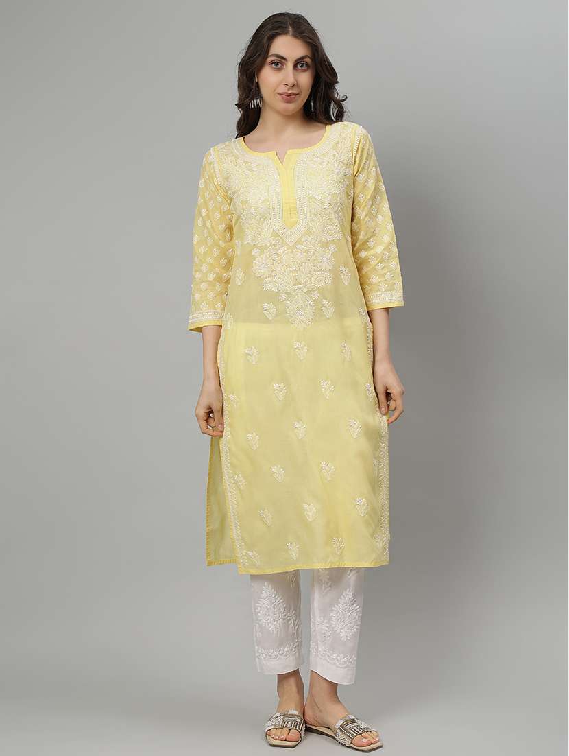 women three quarter sleeve straight chikankari kurta - 21750162 - Zoom Image - 0