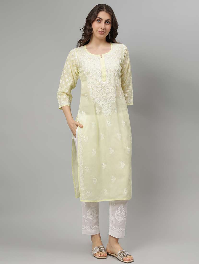 women three quarter sleeve straight chikankari kurta